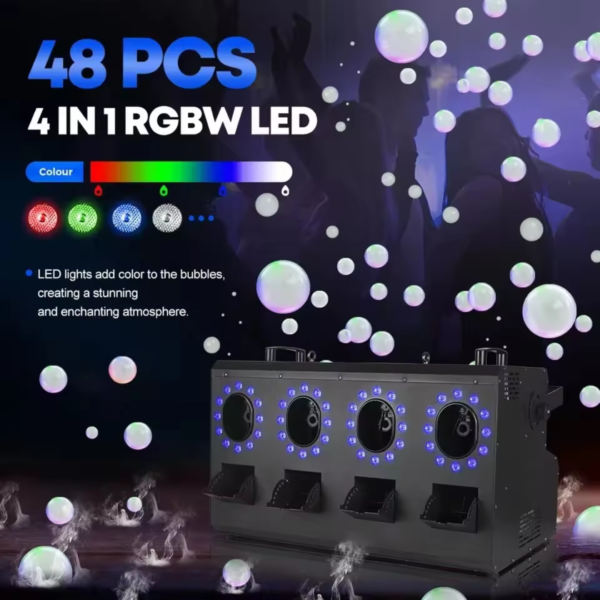 4-Head LED Smoke Bubble Machine - 1500W, RGBW, DMX, Remote Control - Image 4